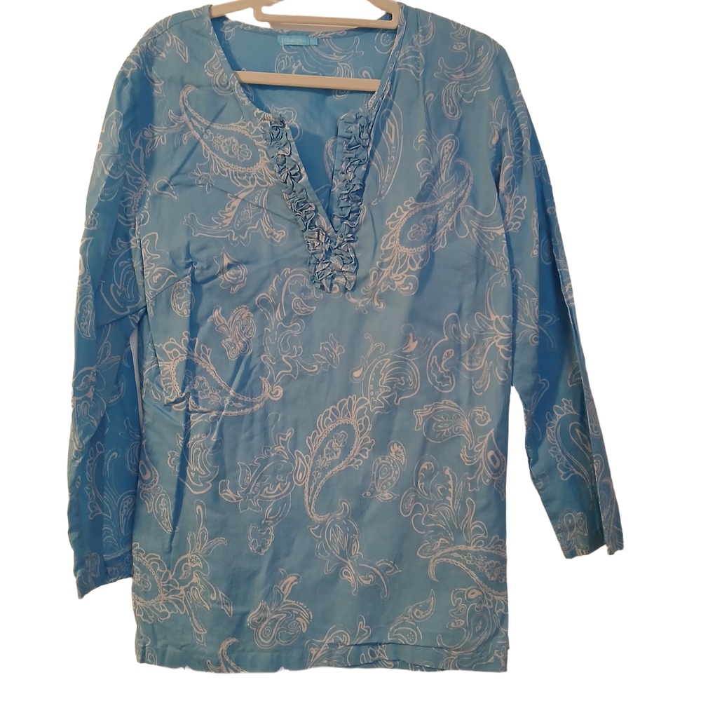 J. McLaughlin 100% Cotton Women Blue White Paisley V-Neck Tunic Blouse Top Large